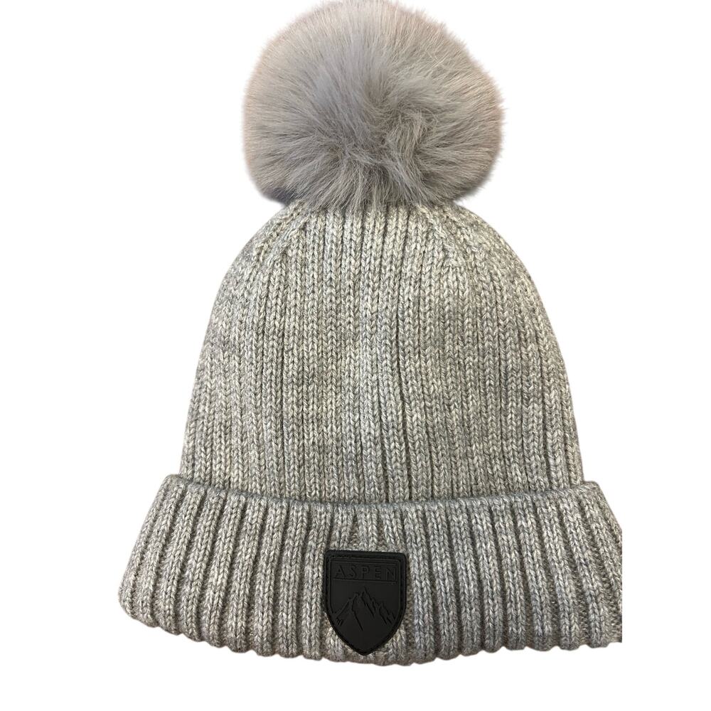ASPEN Gray Ribbed Knit Beanie Hat with Faux Fur Pom Pom & Black Fleece Lining